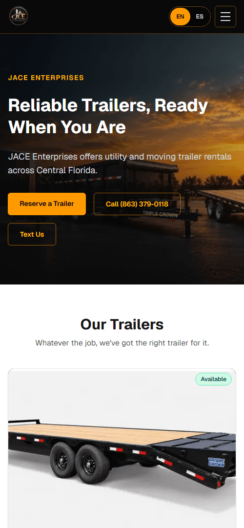 JACE Enterprises website on mobile
