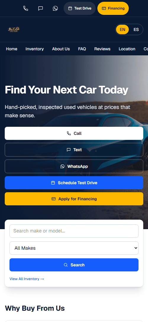 Mr. Cash Auto Sales website on mobile